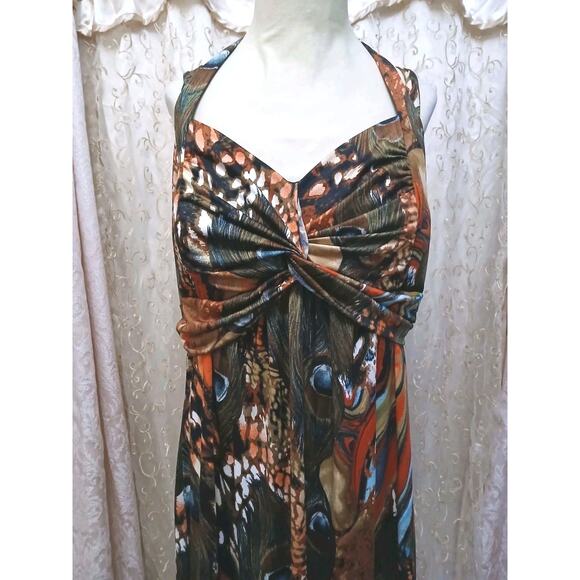Exotic Sundress Maxi Plus Sz 2X Peacock Halter Bodycon Disco Babydoll Coquette - Picture 2 of 16
